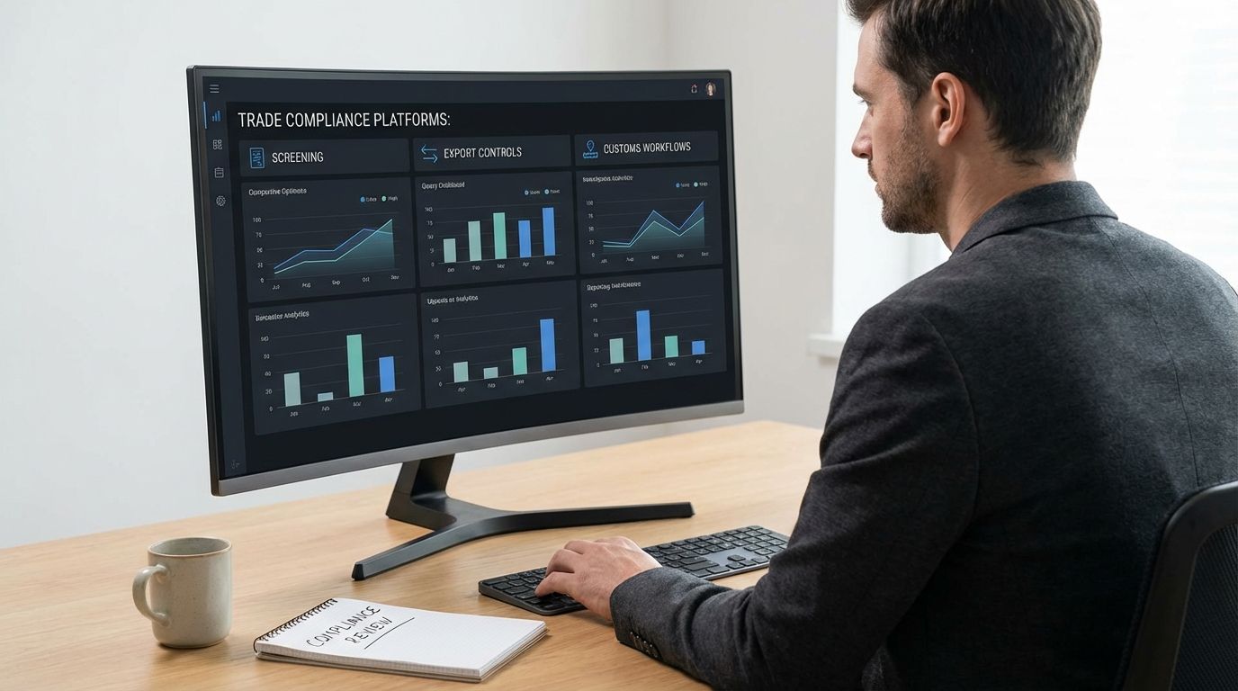 Compliance analyst reviewing trade compliance platforms dashboard for global trade screening and export controls.