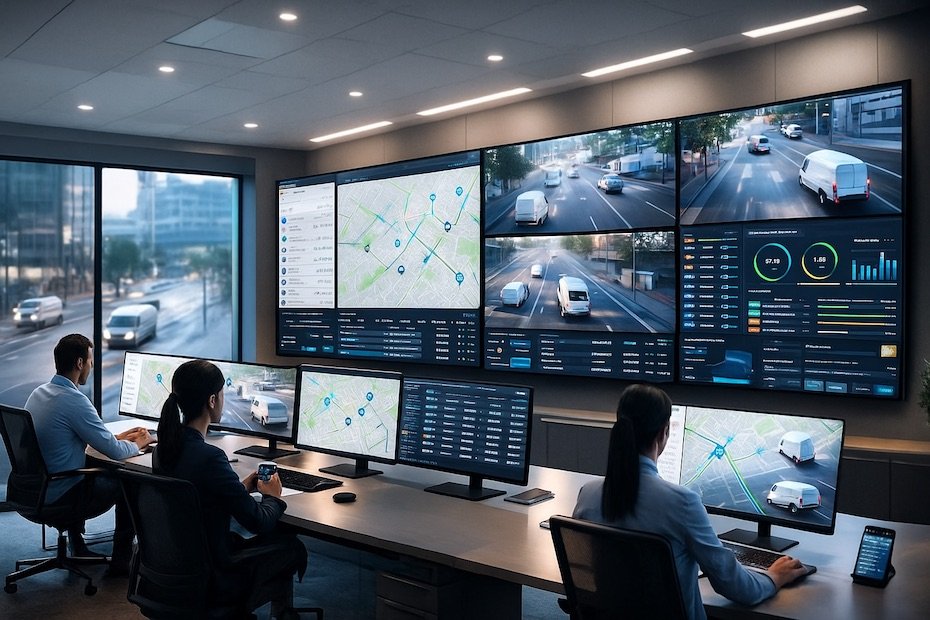 A modern last-mile delivery control room showing route optimization dashboards, driver tracking screens, and delivery vehicles in motion.
