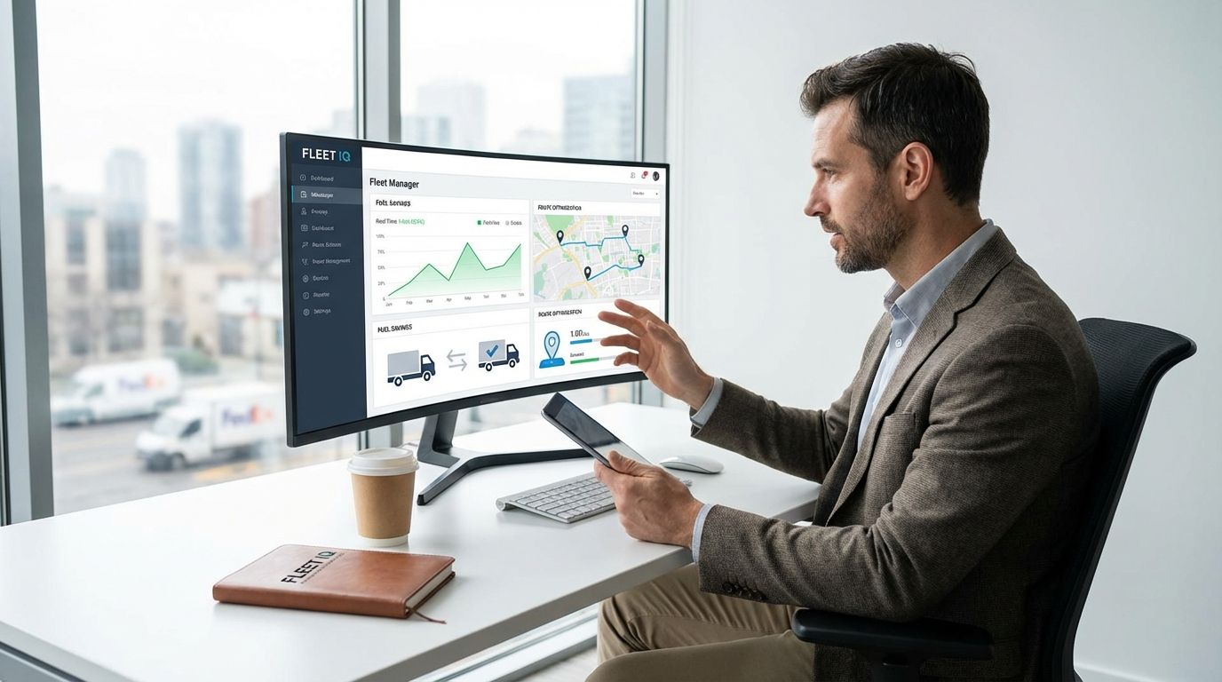Fleet manager reviewing vehicle tracking and fuel data on a dashboard to reduce fleet fuel costs