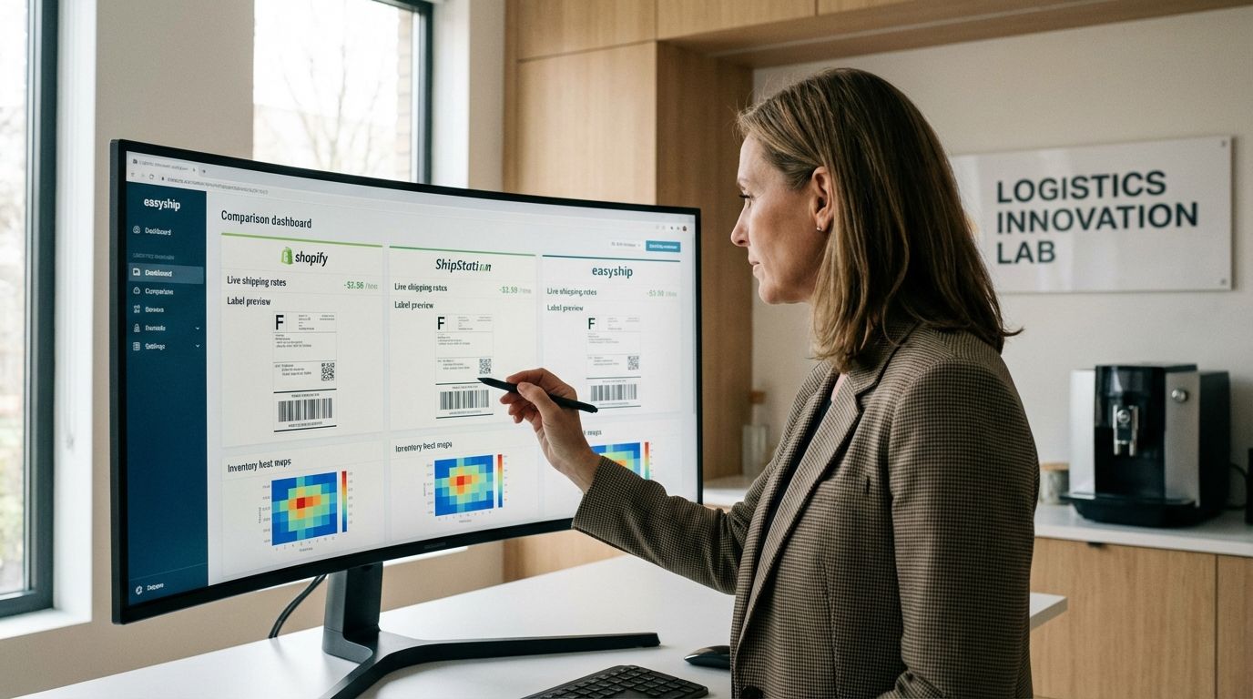 Logistics manager using e-commerce logistics software dashboard with shipping labels and warehouse data on a laptop