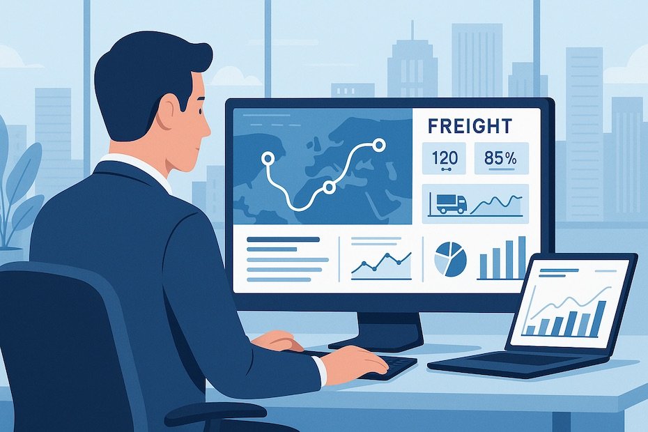 Freight manager analyzing logistics optimization dashboard in a modern operations center.