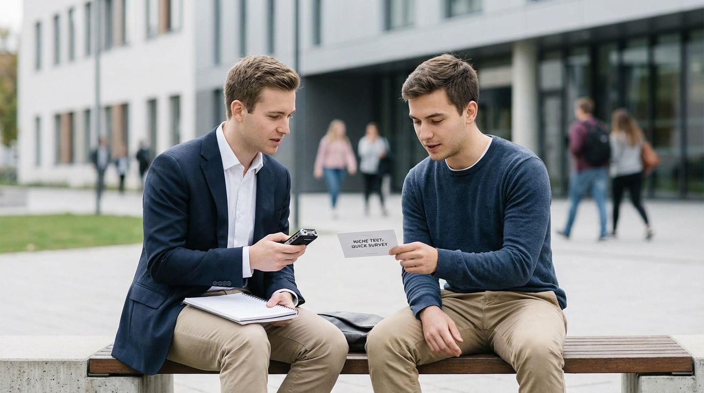 Student entrepreneur interviewing a classmate on campus to validate a niche idea.