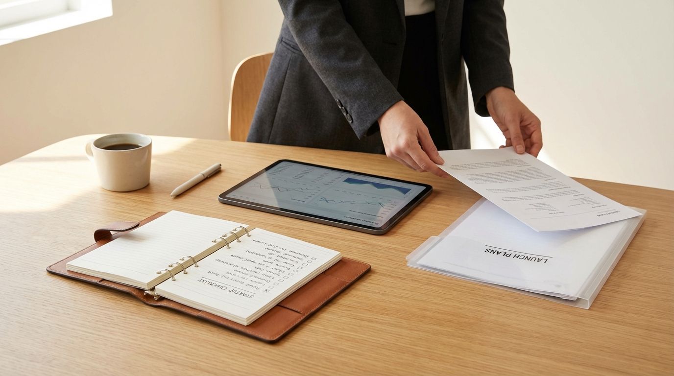 Entrepreneur reviewing a startup checklist and financial documents while launching a first business