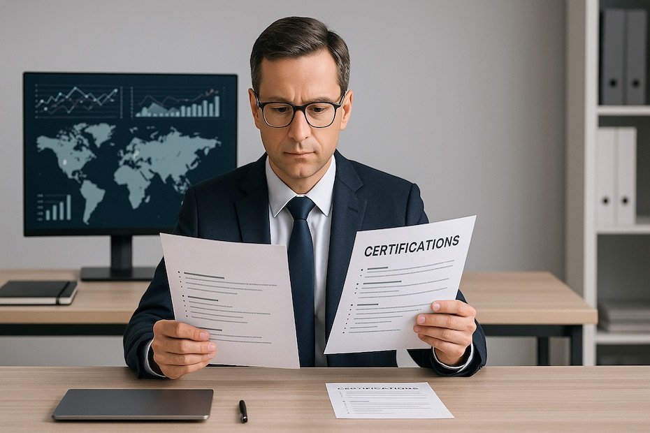 A supply chain manager reviewing certification materials and global logistics data on a digital dashboard.