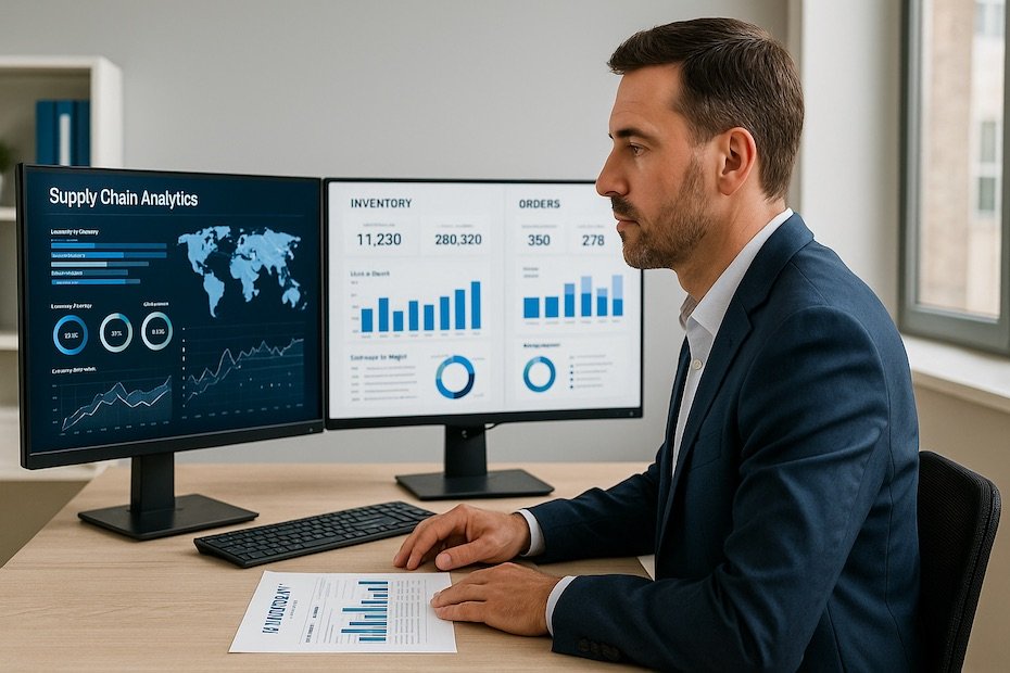 Supply chain manager reviewing logistics dashboards and inventory reports in a modern office.
