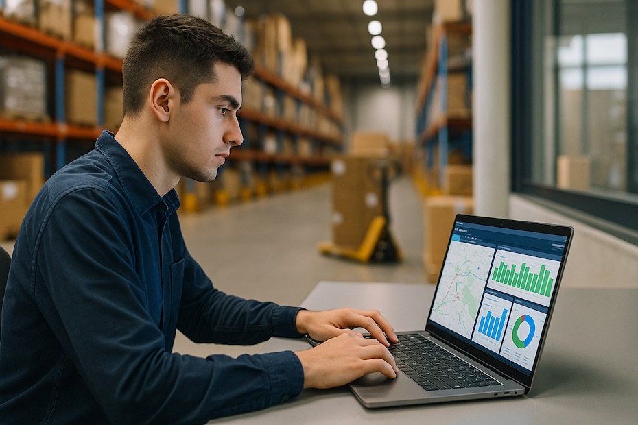 Young professional analyzing supply chain dashboards on a laptop inside a warehouse office
