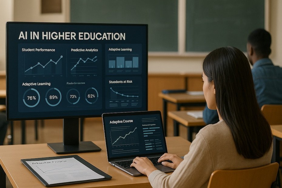 AI-powered dashboards displaying student progress, predictive analytics, and personalized learning in higher education.