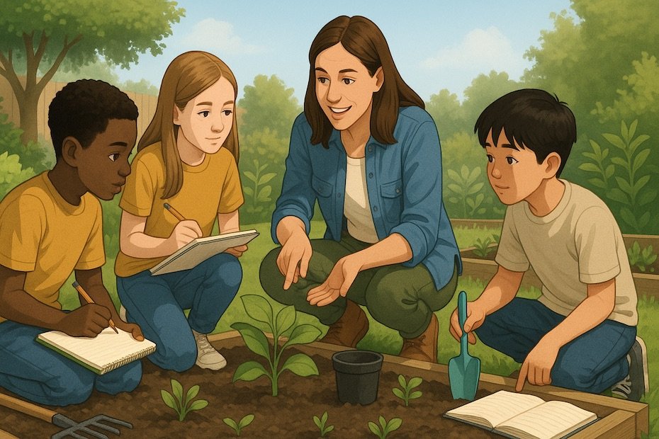 Teacher helping students in an outdoor garden
