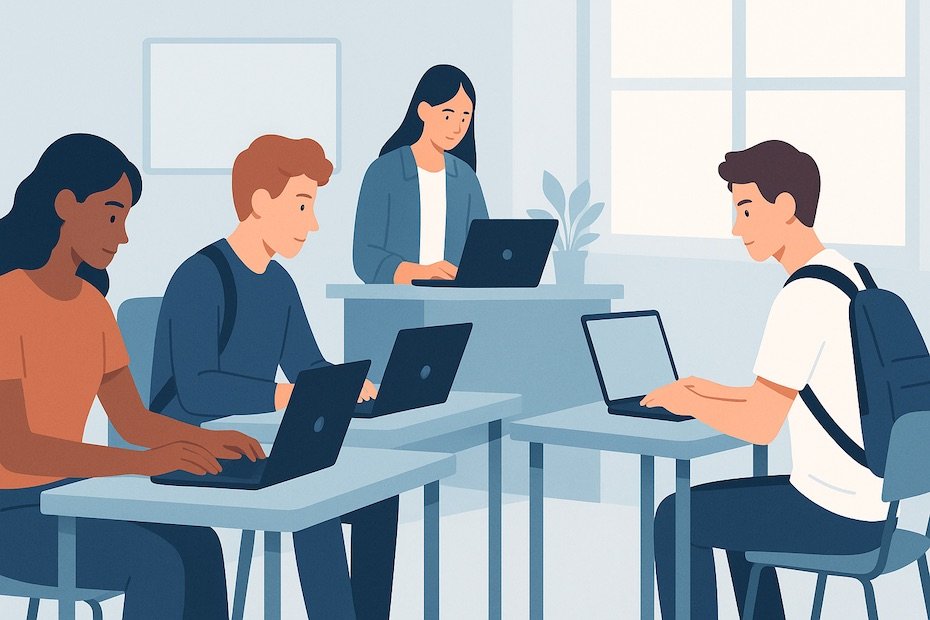 College students engaged in online learning with laptops in a modern classroom setting.
