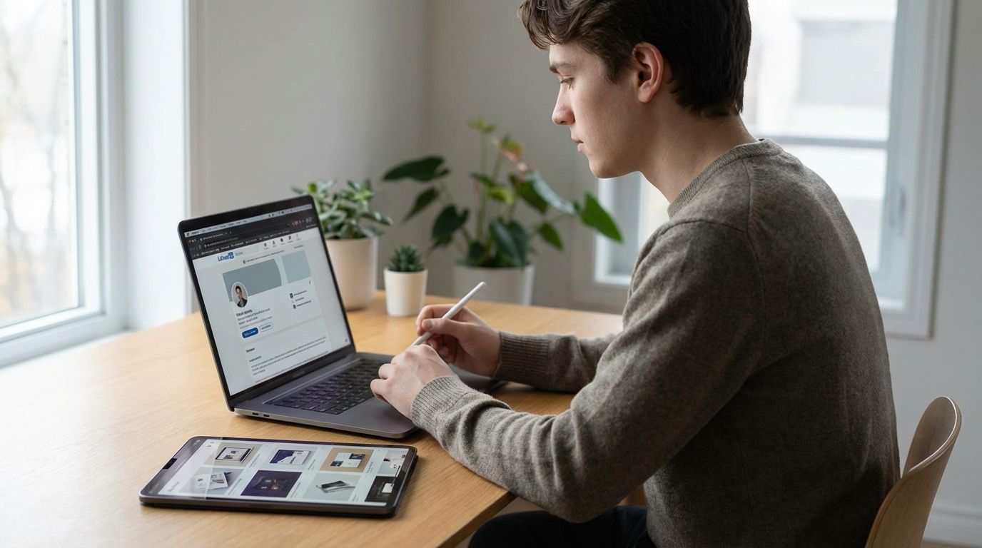 Student updating LinkedIn profile and portfolio on a laptop at a desk