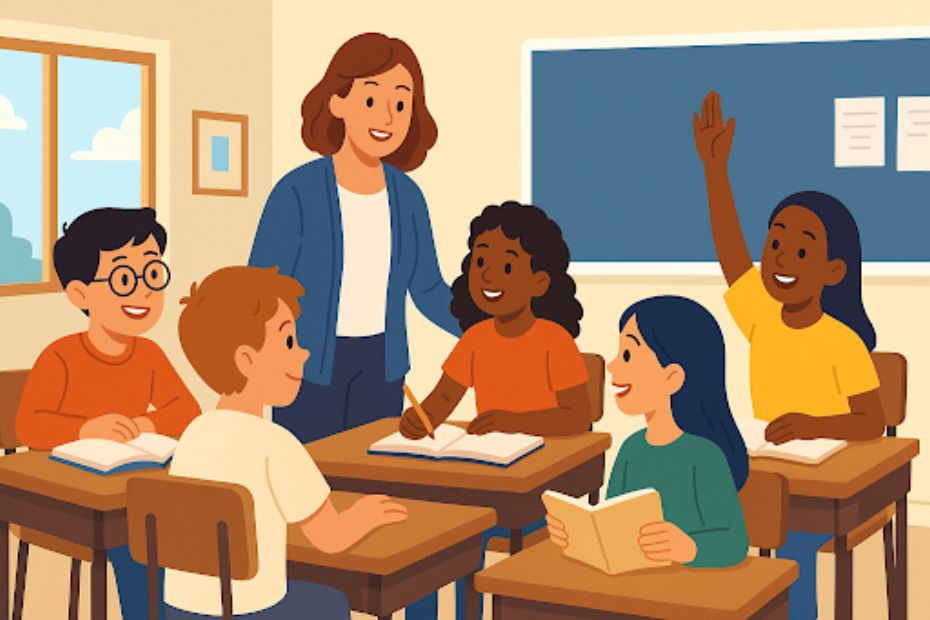 Illustration of students and a teacher collaborating in a bright, inclusive classroom