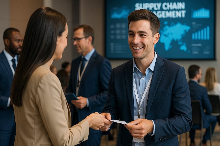 Young professional networking at a logistics industry conference, exchanging business cards and discussing supply chain job opportunities