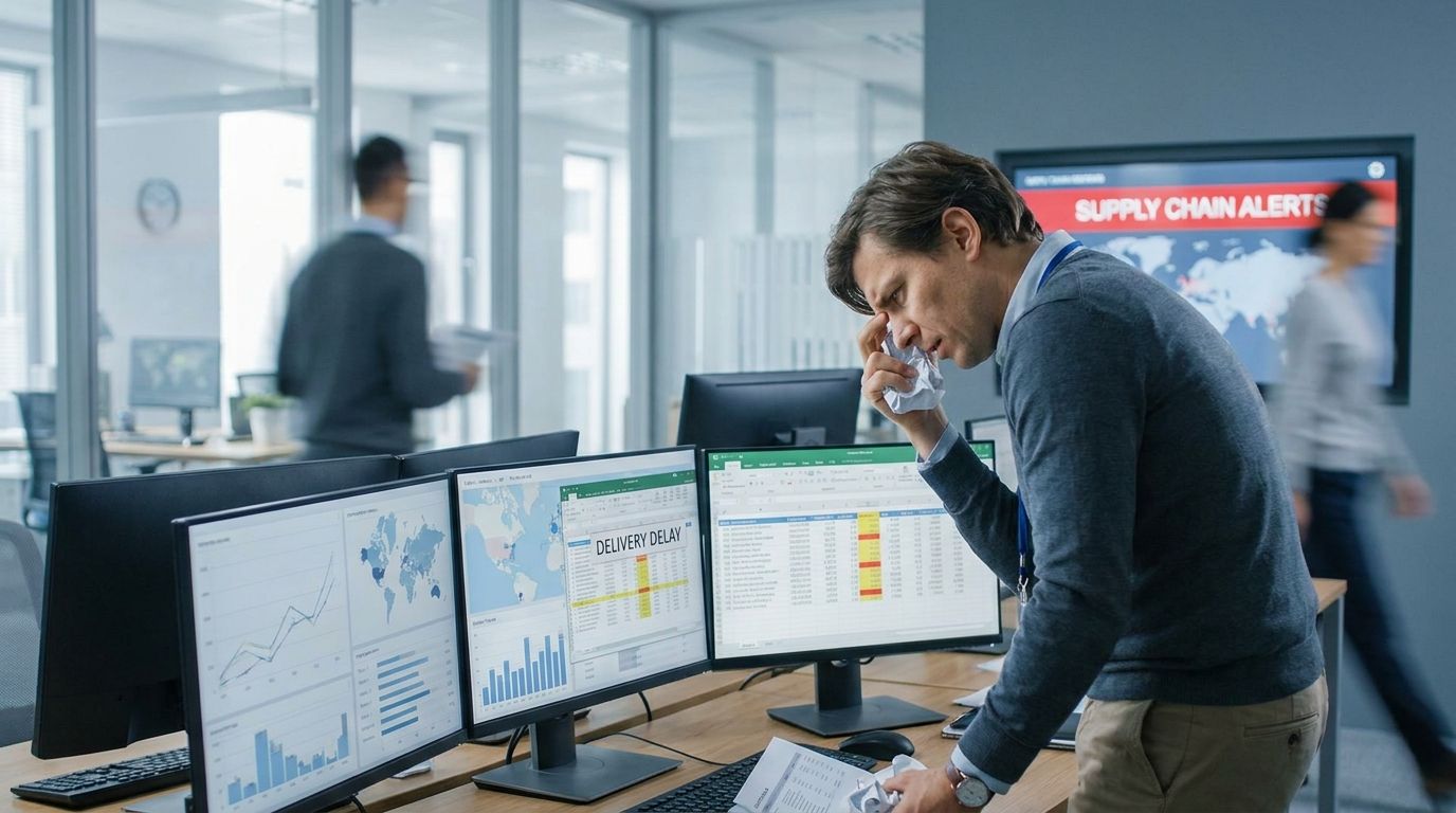 Supply chain professional looking stressed while reviewing logistics data and shipment delays at a desk