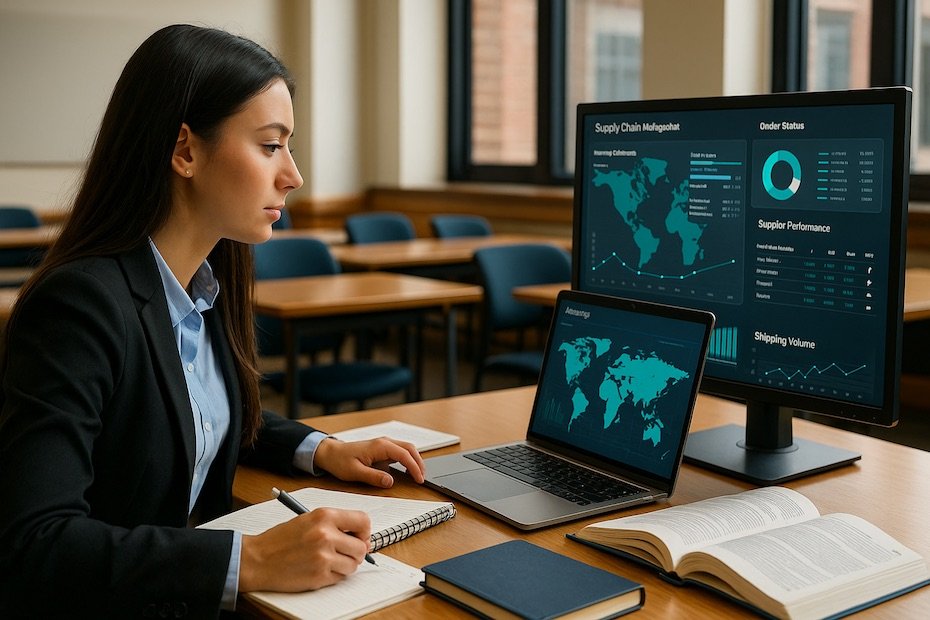 Graduate student in business attire reviewing supply chain analytics at a university workstation with notebooks and digital screens.