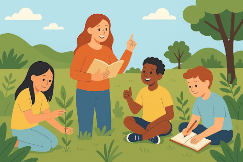 Students participating in outdoor learning activities with a teacher