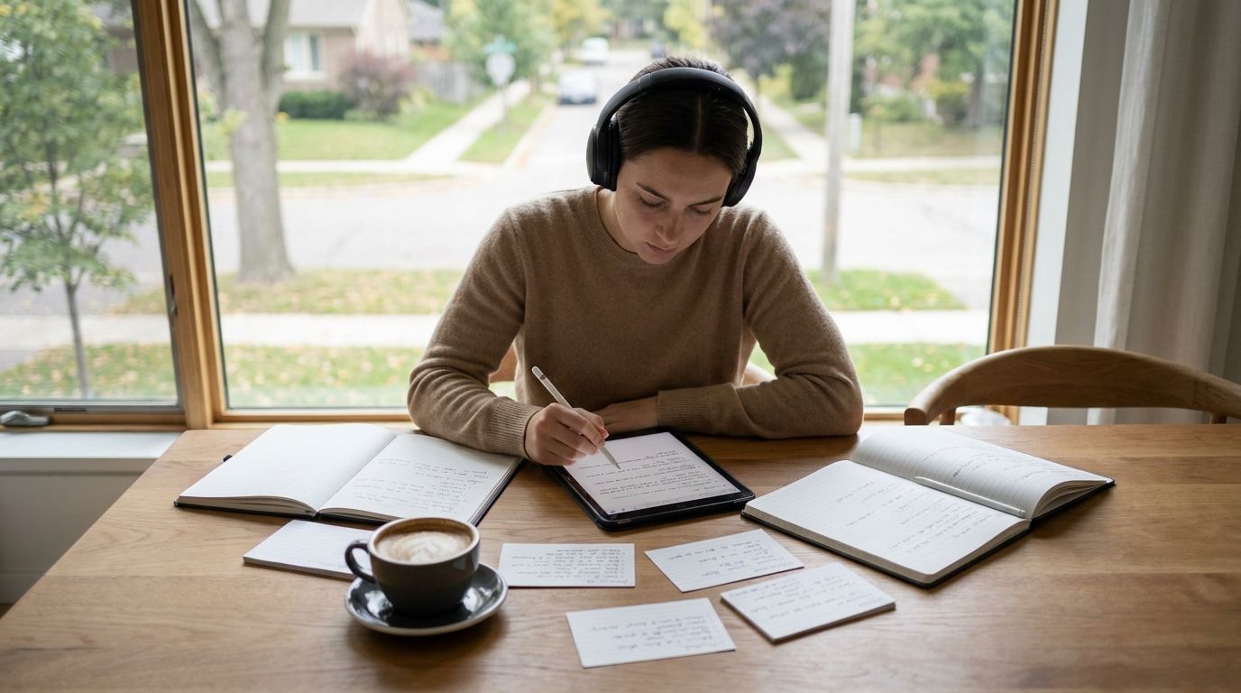 Busy student studying with notes, flashcards, and a laptop while preparing for exams
