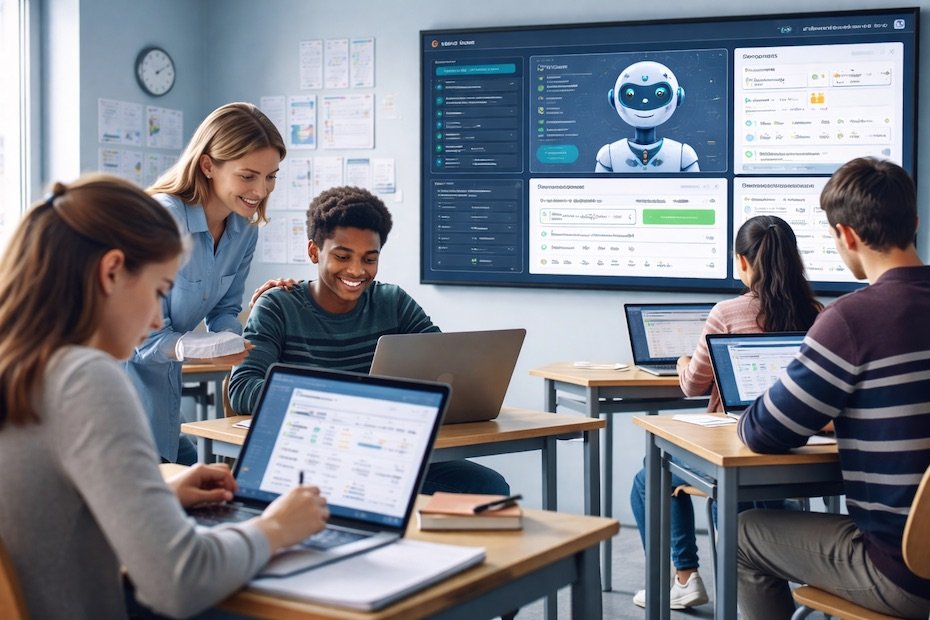 A professional educational environment using AI tutoring software to support personalized student learning.