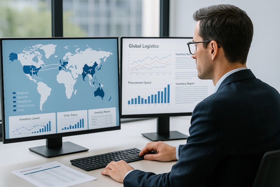 Supply chain professional analyzing global logistics dashboards in a modern office.