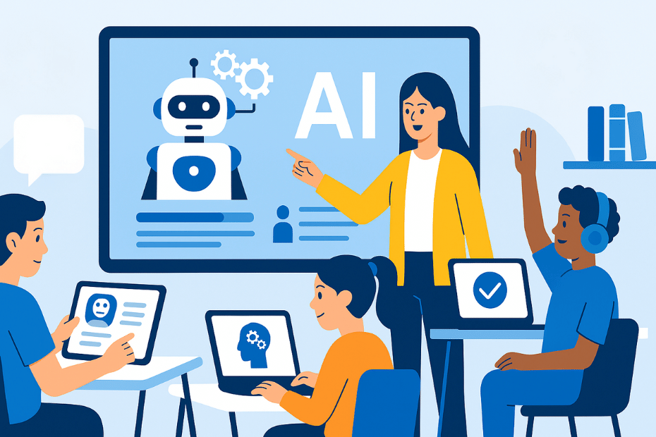 Students using AI tools for personalized learning in a digital classroom.