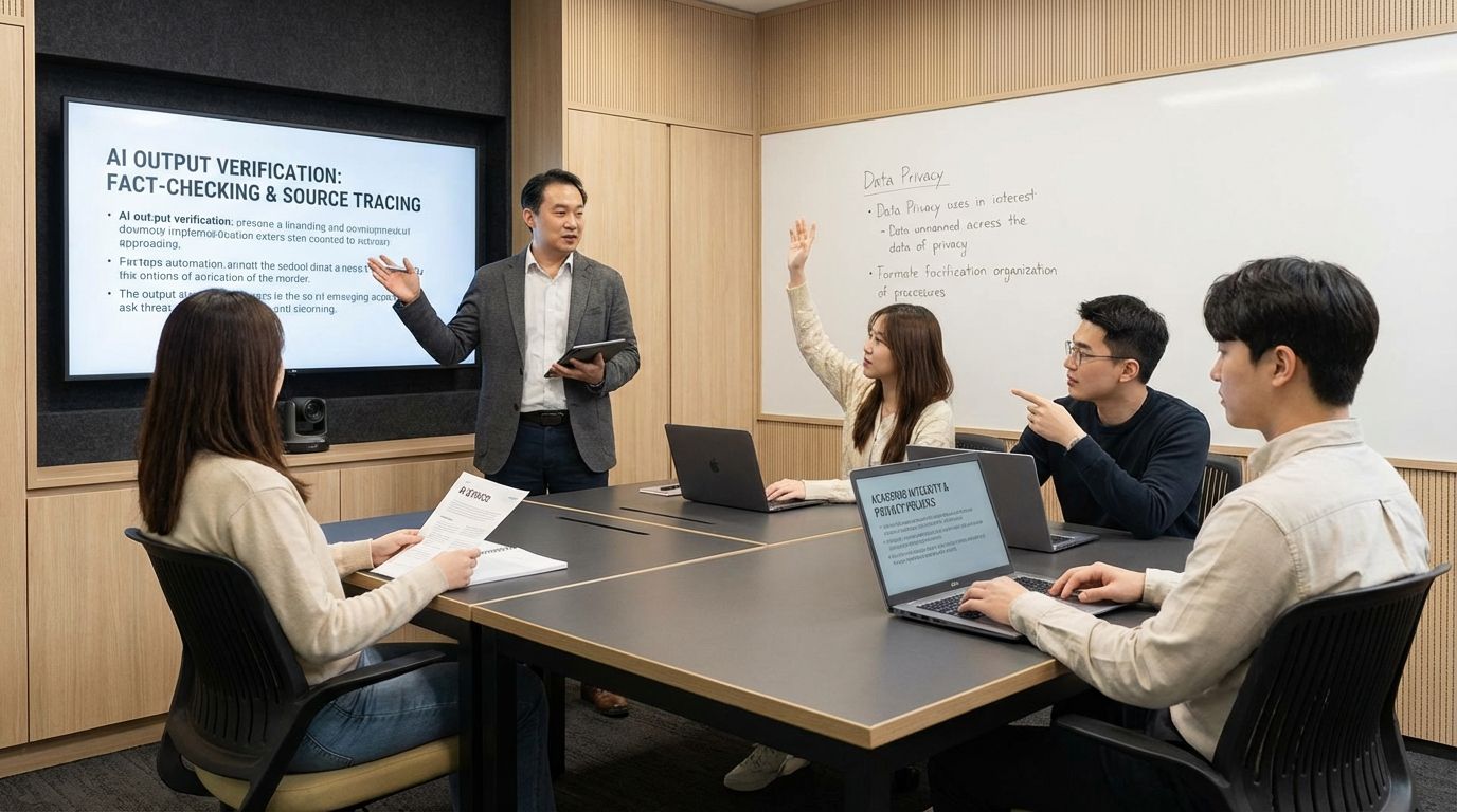 Teacher guiding students on AI literacy with laptops and an AI checklist on the classroom screen