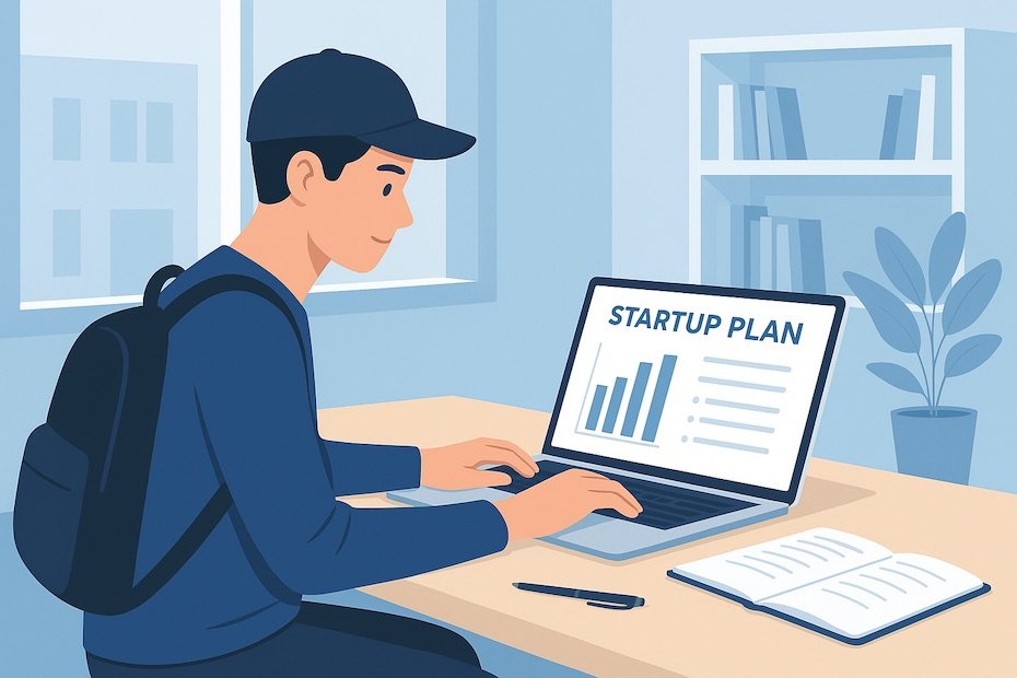 College student working on a startup business plan in a modern university workspace.