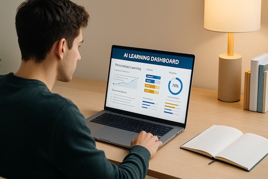 : A student analyzing personalized learning recommendations on a digital AI-powered dashboard in a modern study environment.