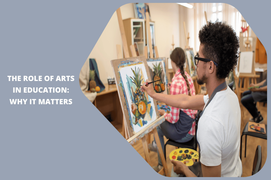 Students participating in arts education, including painting, music, and drama.