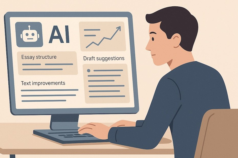 A digital dashboard showing AI writing tools assisting with essay structure, draft suggestions, and text improvements