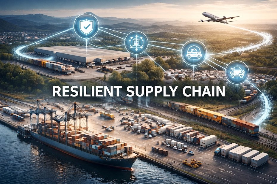 Resilient supply chain operations connecting ports, warehouses, rail, air, and road logistics through coordinated digital infrastructure.