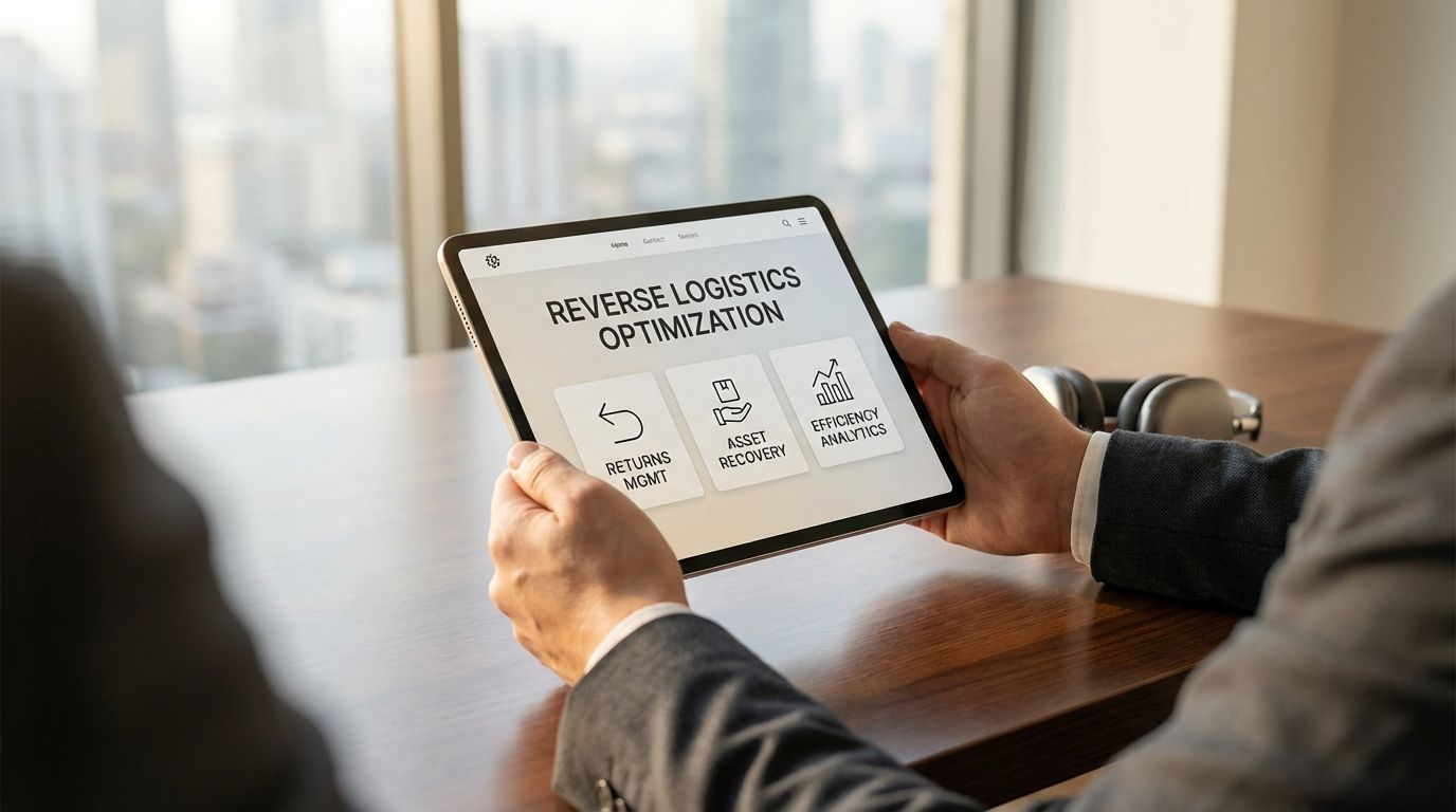 Supply chain manager reviewing reverse logistics software options for returns and inventory optimization