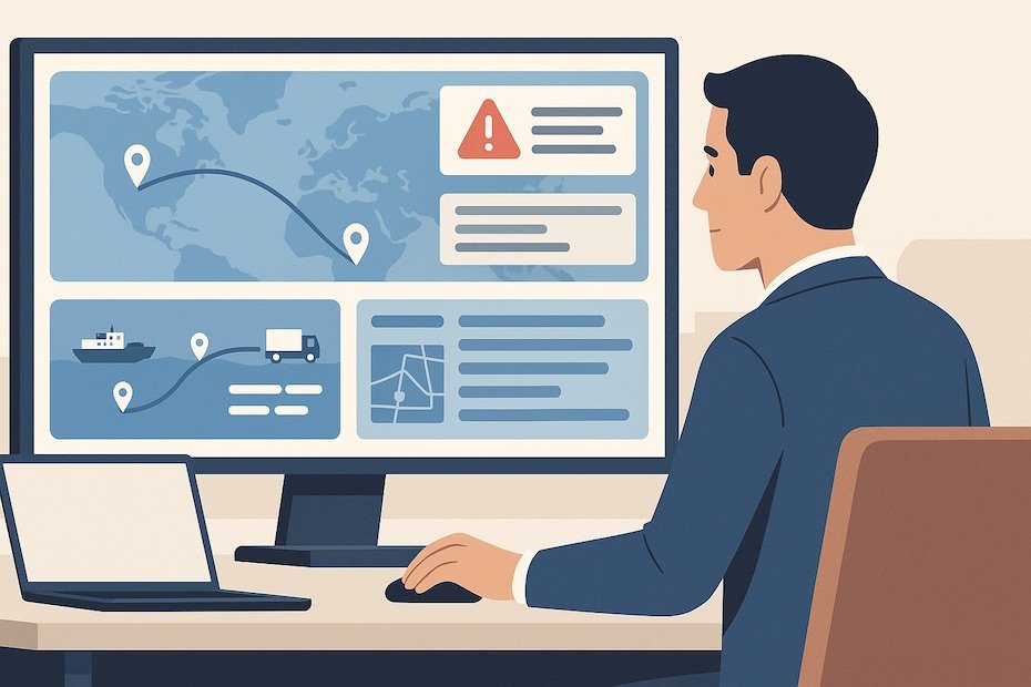 A supply chain manager analyzing real-time dashboards with delivery trucks, warehouses, and route maps for visibility and efficiency.