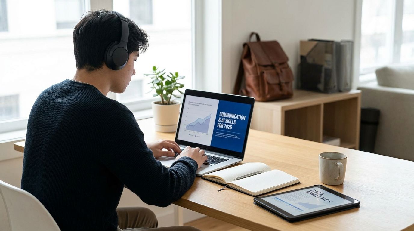 College student using a laptop to build in-demand skills like AI, communication, and data analysis for 2026 careers