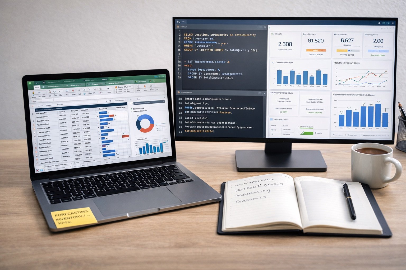 A modern workspace showing Excel spreadsheets, SQL queries, and analytics dashboards used in supply chain data analysis.