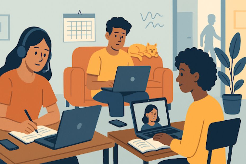 Digital illustration of students navigating remote learning challenges from home