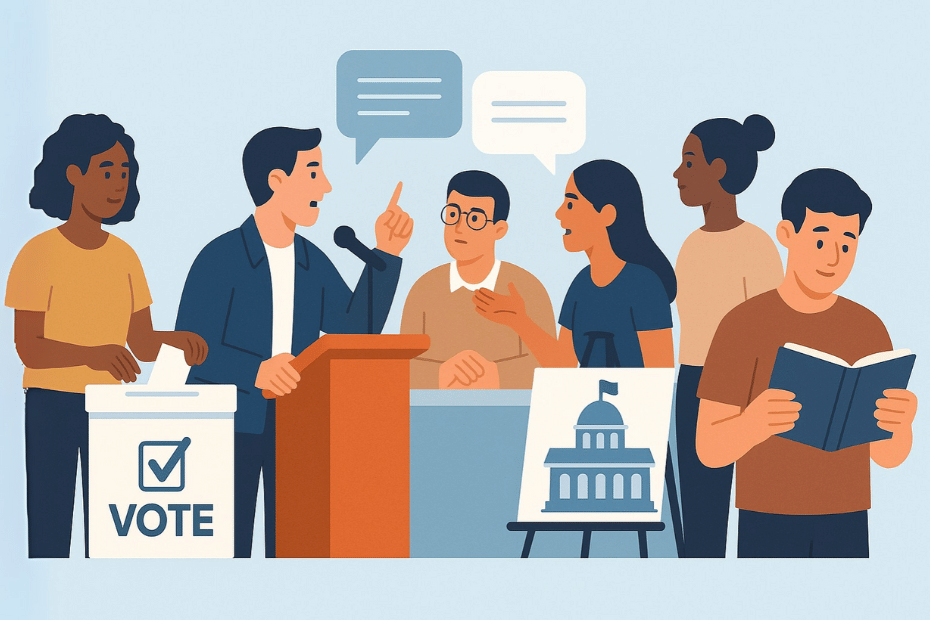 Illustration showing people engaging in voting, public forums, and civic education.